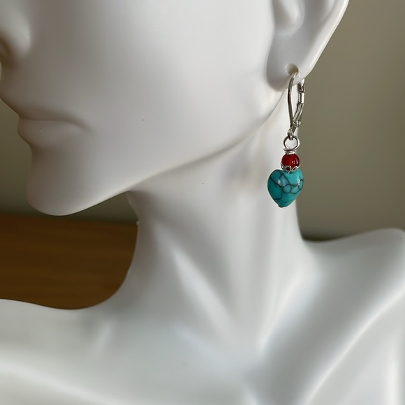 HAND CRAFTED TURQUOISE HEART PIERCED EARRINGS Turquoise Hearts Brown Carnelian - Picture 5 of 14
